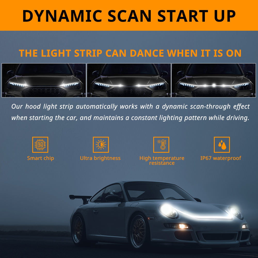 Dynamic scanning hood light bar for automobiles
